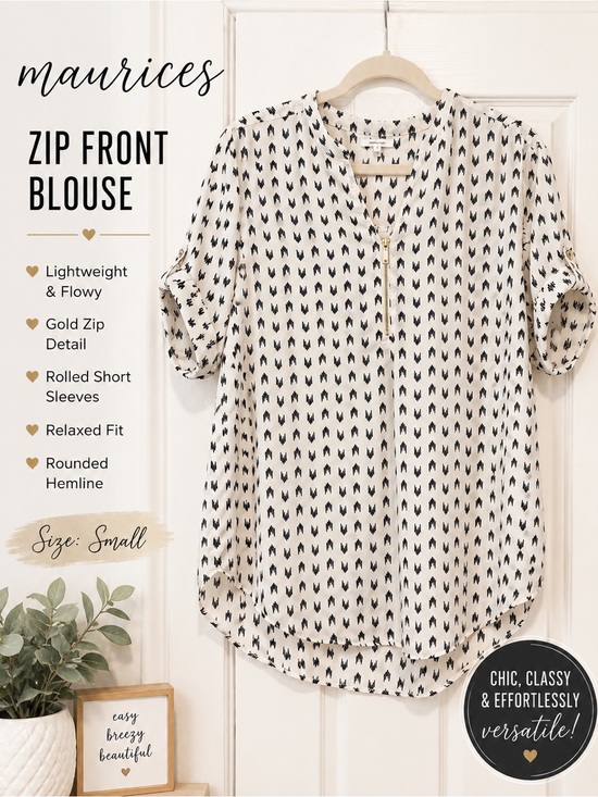 Maurices Tops - Maurices White & Black Printed Zip Front Blouse – Size Small